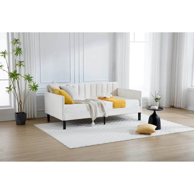 Modern Twin Daybed with Ribbed Tufted Backrest - Upholstered - 78.7"W x 43.5"D x 33"H - No Box Spring