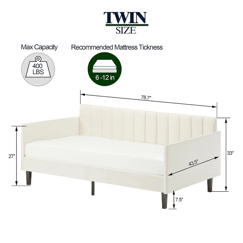 Modern Twin Daybed with Ribbed Tufted Backrest - Upholstered - 78.7"W x 43.5"D x 33"H - No Box Spring