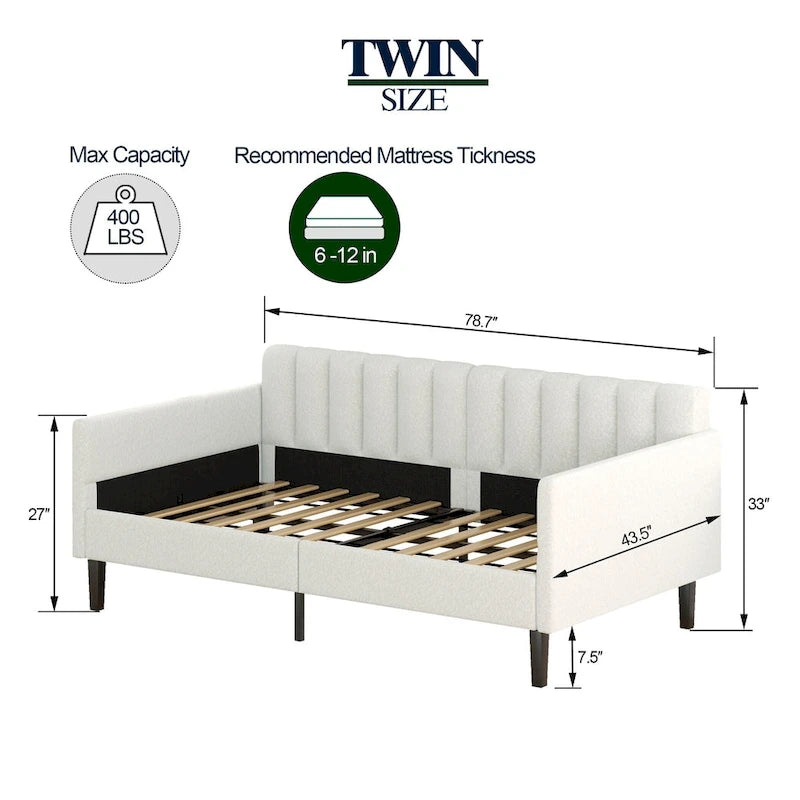 Modern Twin Daybed with Ribbed Tufted Backrest - Upholstered - 78.7"W x 43.5"D x 33"H - No Box Spring