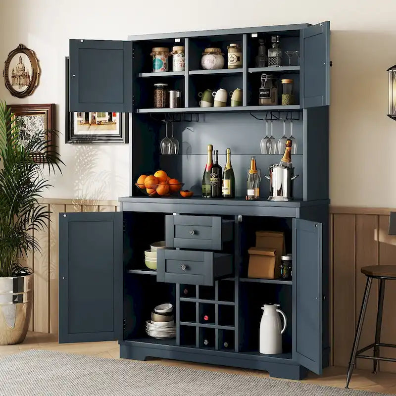 Bar Kitchen Cabinet with Storage,Farmhouse Wine Cabinet with Drawers Shelves and Cabinets,Buffet Cabinet Wine & Glass Racks