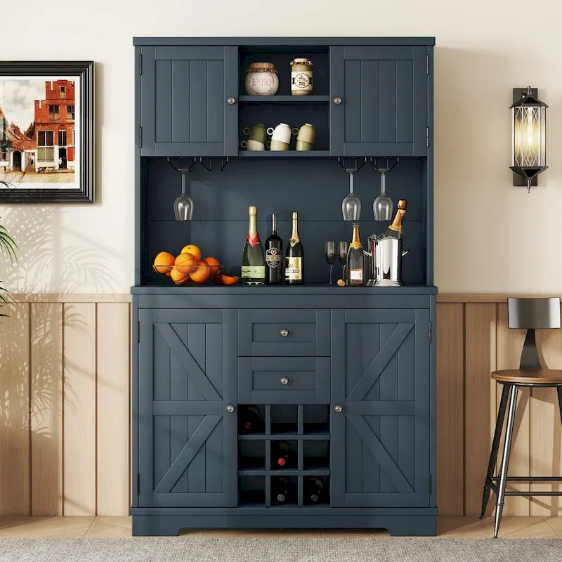 Farmhouse Coffee Bar Cabinet 47" - Wine Storage Buffet with Drawers Shelves Glass Racks - Kitchen Sideboard