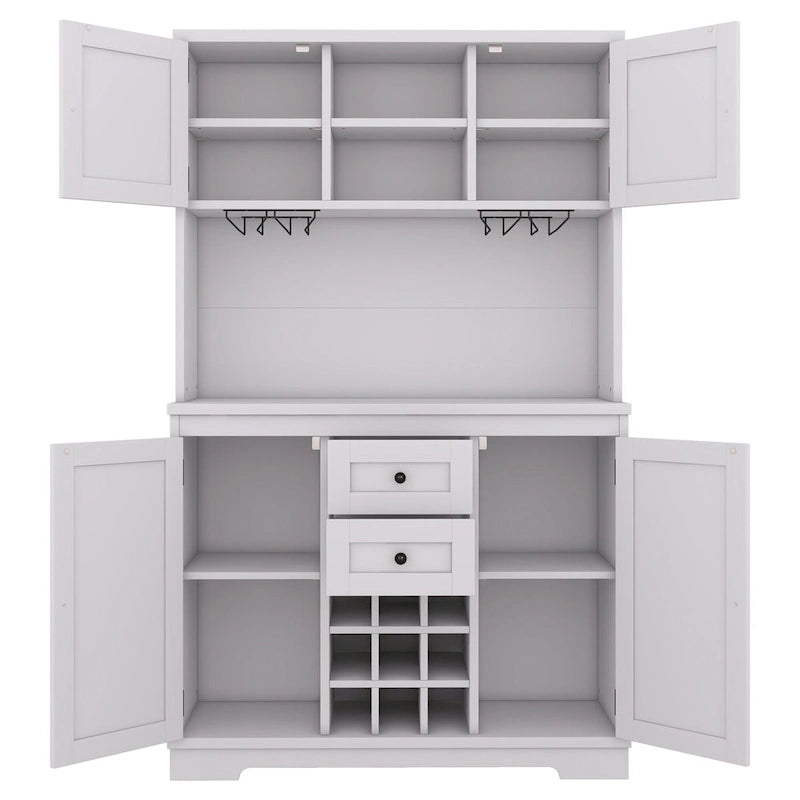 Farmhouse Coffee Bar Cabinet 47" - Wine Storage Buffet with Drawers Shelves Glass Racks - Kitchen Sideboard