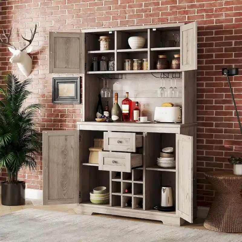 Farmhouse Coffee Bar Cabinet 47" - Wine Storage Buffet with Drawers Shelves Glass Racks - Kitchen Sideboard