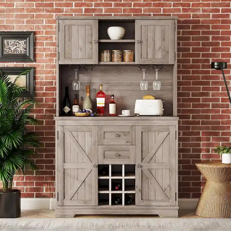 Farmhouse Coffee Bar Cabinet 47" - Wine Storage Buffet with Drawers Shelves Glass Racks - Kitchen Sideboard